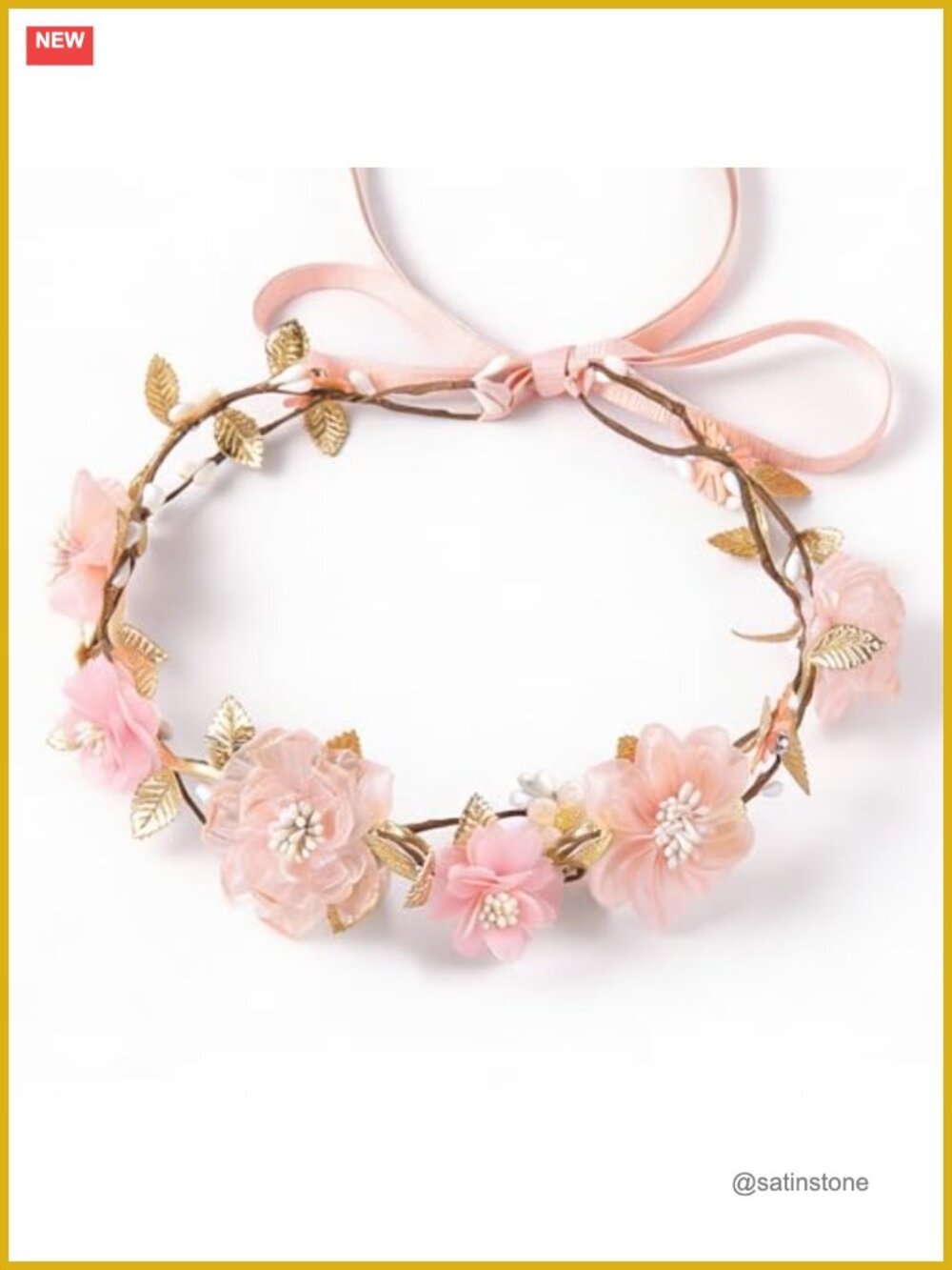 Adjustable Floral Halo Headband with Golden Leaves for Wedding Photo Props